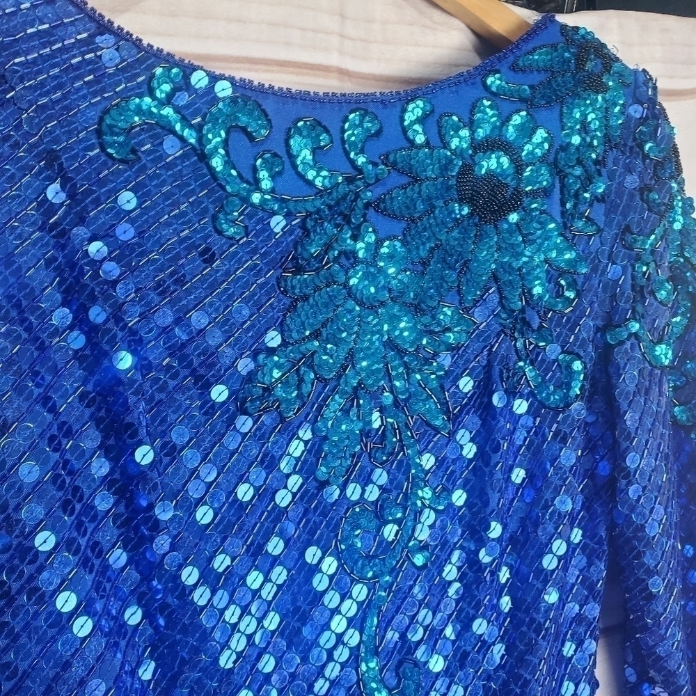 Vintage 80s Nadine Vibrant Blue Floral Sequins Long Sleeve Dress Size Medium - Picture 2 of 16